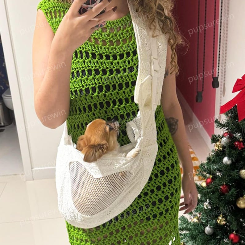 Natural White Pet Carrier Bag, Crossbody Dog Sling, Hands-Free Shoulder Strap for Puppies Small Dogs and Cats, Heart-Shaped Mesh Sling Bag image 5