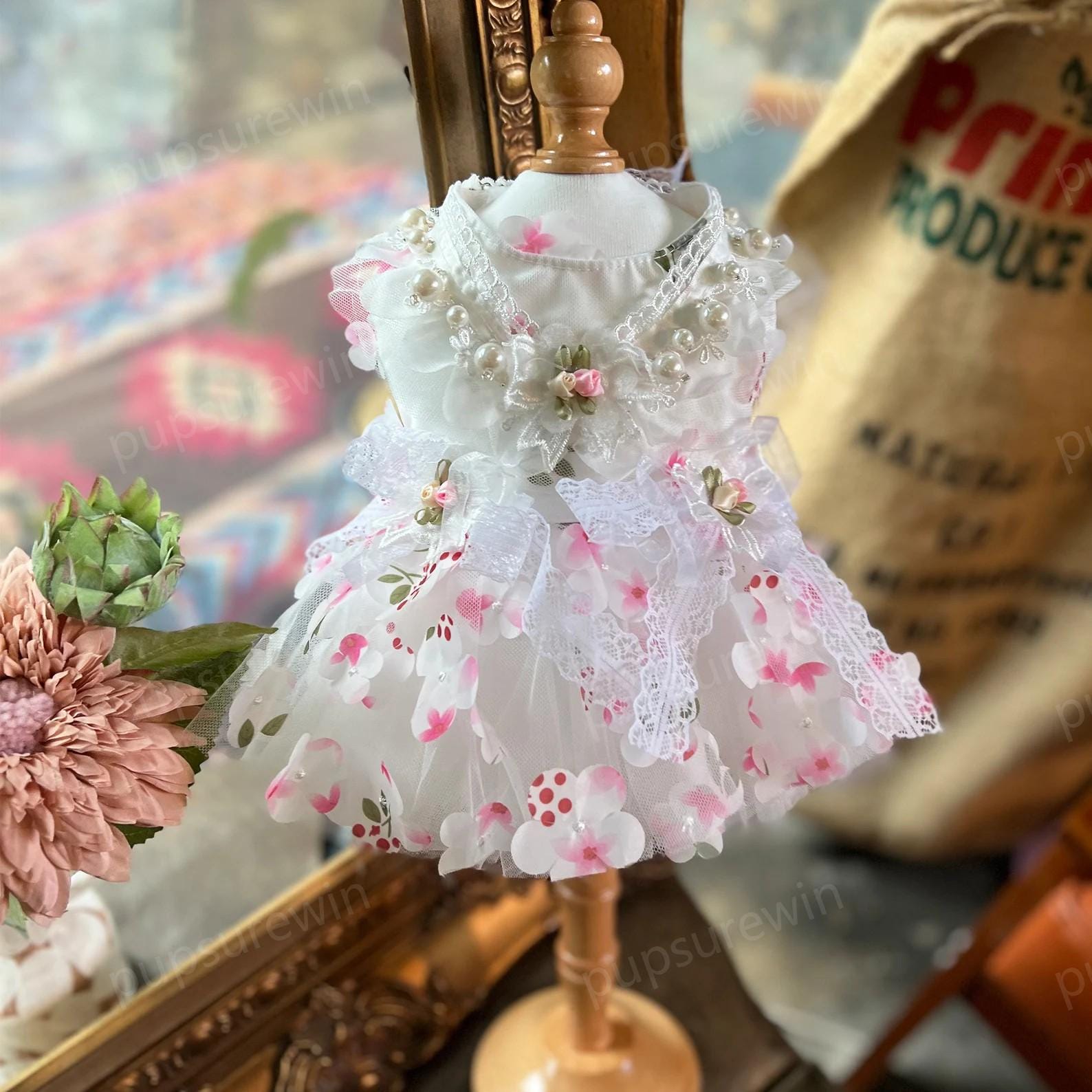 猫用フラワードレス 桜ピンク 花柄ファンシーチュチュドレス 猫と犬用