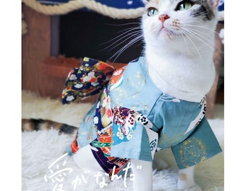 Yukata kimono chat, kimono bleu sarcelle pour chats et chiens, costume national japonais pour animaux de compagnie tenue de fête d'halloween, vêtements pour animaux de compagnie de taille personnalisée