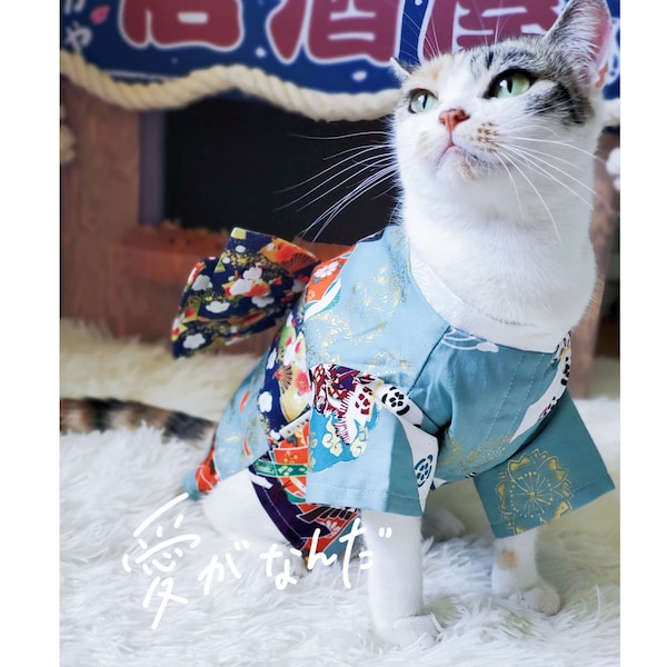 Cat Kimono Yukata, Teal Blue Kimono for Cats and Dogs, Pets Japanese National Costume Pets Halloween Festive Outfit, Custom Size Pet Clothes
