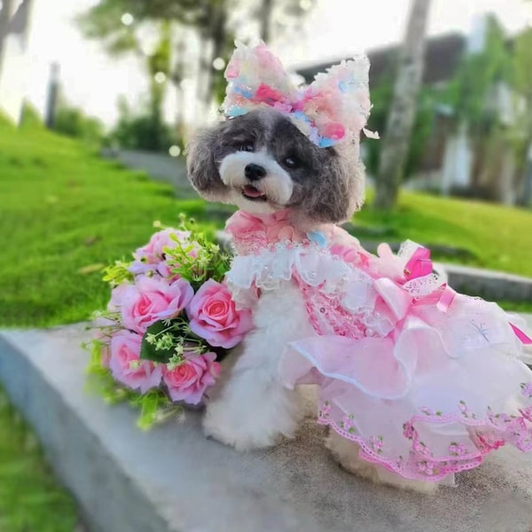 Hochzeitshund Blumenkleid Benutzerdefinierte Größe, Rosa Tüllkleid mit Blumenmuster für große Hunde und Katzen, Halloween Blumenfeekostüm Geburtstag Haustierkleidung