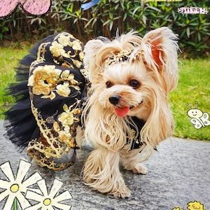 Sparkling Fancy Dog Dress, Gold Flower Sequin Embroidered Black Tulle Gown, Cat Dog Birthday Outfit Dog Princess Costume Pet Clothes Custom