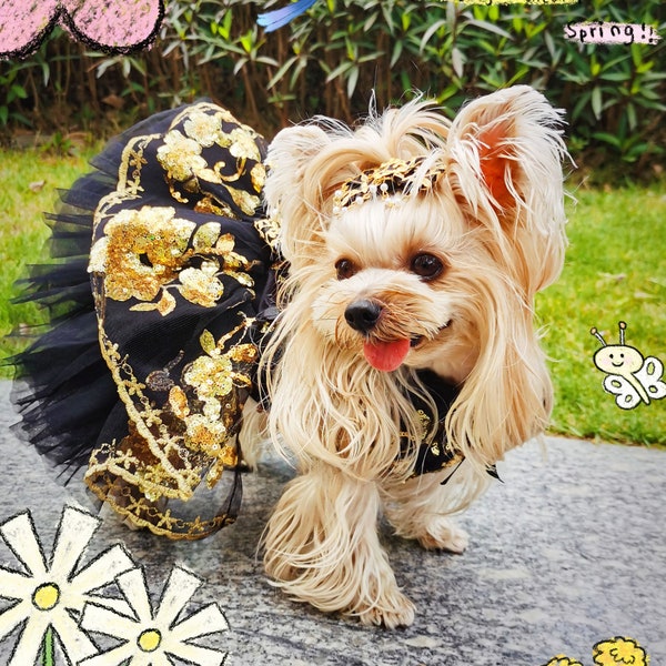 Vestido de perro de lujo brillante, vestido de tul negro bordado con lentejuelas de flores doradas, traje de cumpleaños de perro gato traje de princesa de perro ropa para mascotas personalizada