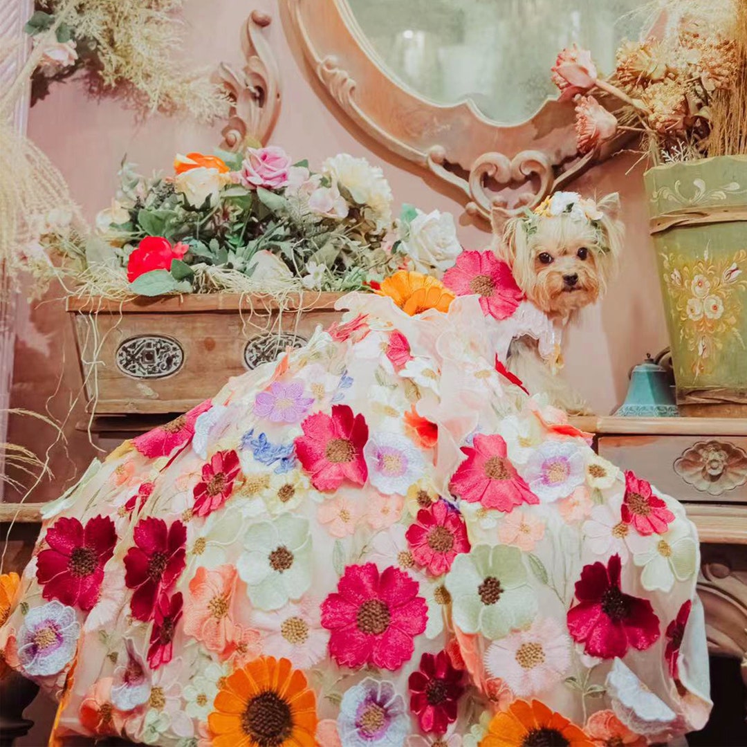 Dog 3D Flower Long Trailing Dress, Multi Floral 3D Dress Floor Length