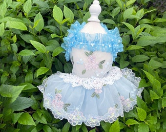Dog Wedding Dress Custom Size, Blue Flower Tulle Dress for Large Dogs and Cats, Puppy Birthday Outfit Princess Costume Summer Pet Clothes