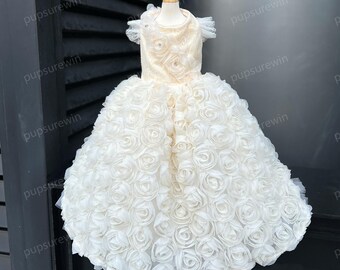 Custom Size 3D Floral Rose Pet Dress Long Train, Champagne Luxury Wedding Gown for Small Medium Large Dogs Cats, Birthday Photoshoot Outfit