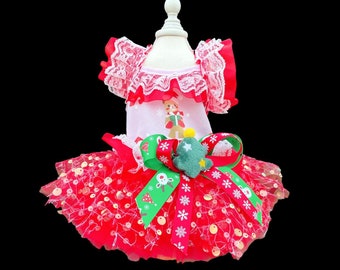 Dog Christmas Costume Santa Dog Dress, Sparkling Tutu Dress for Dogs and Cats, Xmas Elf Costume New Year Outfit Pet Winter Clothes Custom