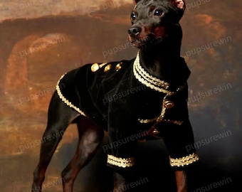 Könnte beinhalten: Ein schwarzer Hund trägt eine schwarze Samtjacke mit goldenen Verzierungen und Knöpfen. Die Jacke hat einen goldenen Kragen und goldene Verzierungen an den Ärmeln. Der Hund steht auf einem braunen Hintergrund.