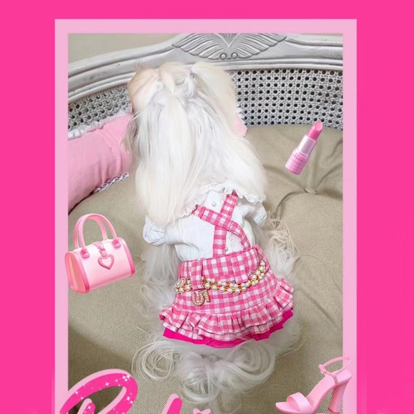 Vestido general de perro Gingham rosa tamaño personalizado, disfraz de Halloween Barbiecore Jumper vestido para perros y gatos grandes, ropa de mascotas de boda de cumpleaños