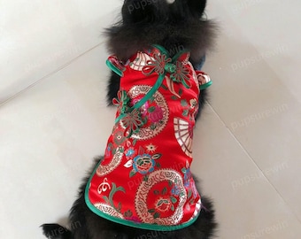Custom Chinese New Year Dog Outfit Red Cheongsam, Red Flowers Cheongsam Dress for Large Dogs and Cats, Spring Festival Costume Pets Clothes