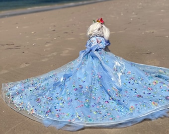 Dog Flower Dress Long Trailing Gown Blue, Floral Sequin Embroidered Floor Length Dress,Cat Dog Wedding Dress Dog Birthday Outfit Pet Clothes