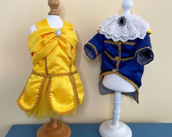 Belle Princess Dog Dress Beauty and the Beast Inspired Pet Halloween Costume, Yellow Ballgown & Blue Tuxedo Coat, Pet Cosplay Outfit Custom