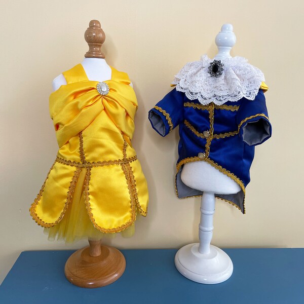 Belle Princess Dog Dress Beauty and the Beast Inspired Pet Halloween Costume, Yellow Ballgown & Blue Tuxedo Coat, Pet Cosplay Outfit Custom