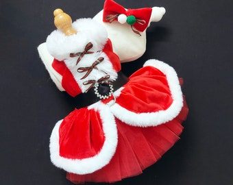 Dog Christmas Costume Santa Dog Harness Dress, Red Velvet Tutu Dress for Large Dogs and Cats, Xmas Elf Costume New Year Pet Clothes Custom