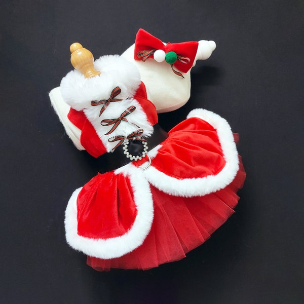 Dog Christmas Costume Santa Dog Harness Dress, Red Velvet Tutu Dress for Large Dogs and Cats, Xmas Elf Costume New Year Pet Clothes Custom