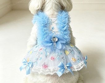 Floral Bead Embroidered Pet Princess Tutu Gown, Custom Luxury Party Dress for Dogs Cats