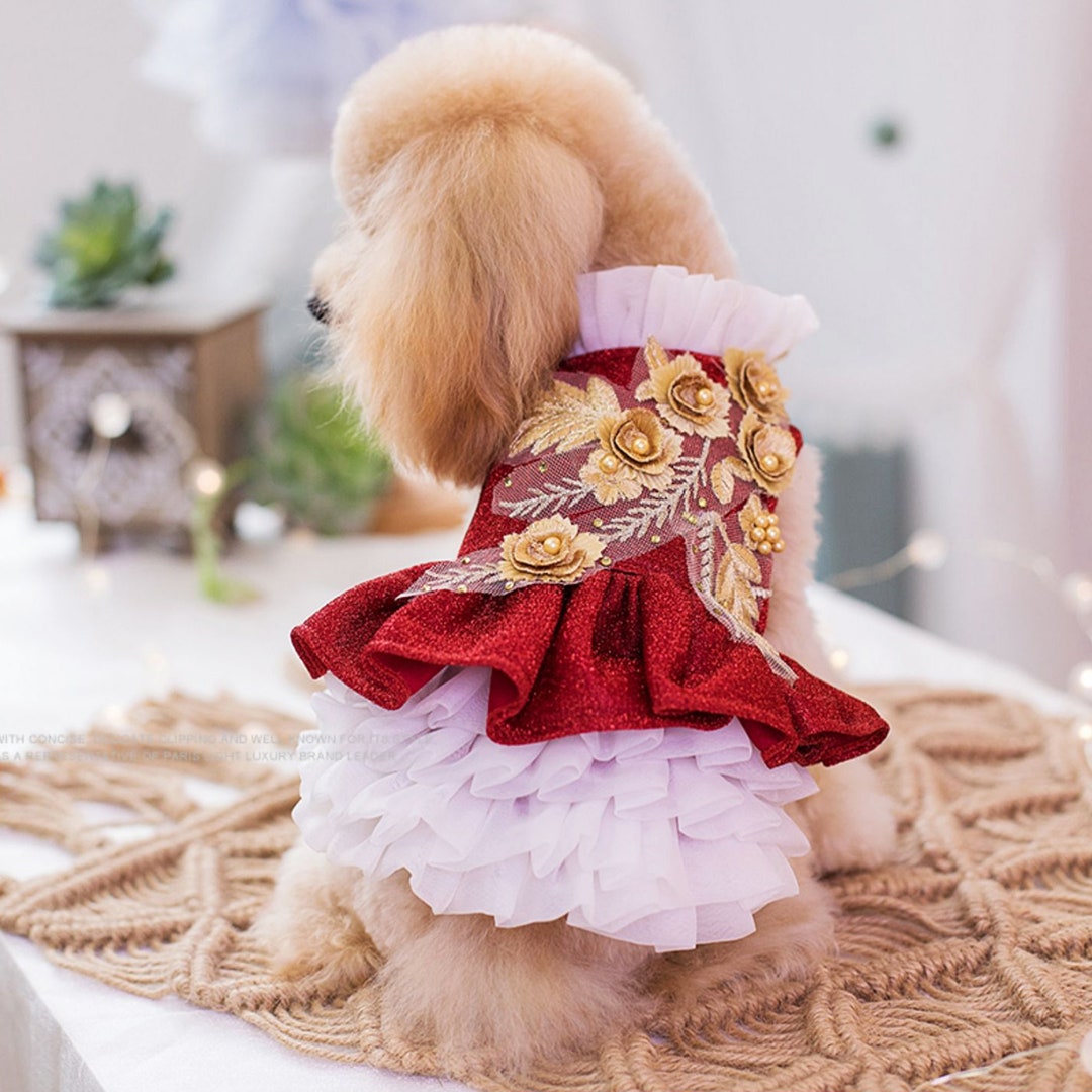 Dog Wedding Dress Sparkling Red Gown, Dog Flower Tutu Dress, Cat Dog
