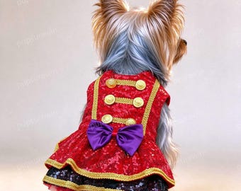 Circus Ringmaster Pet Costume, Custom Dog Cat Halloween Outfit, Handmade Red Sequin Show Dress