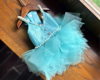 Aqua Sequin Dog Dress, Glitz Turquoise Pageant Gown for Pets Birthday Wedding, Custom Size