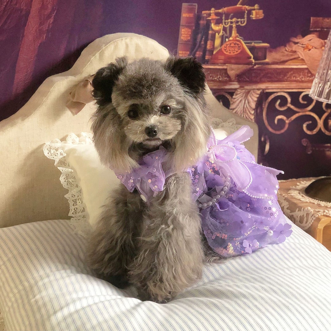 3D Flower Dress for Dog, Purple Fancy Dog Dress, Cat Dog Wedding Dress
