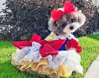Halloween Dog Costume Inspired from Snow White Princess, Blue Red Tulle Dress for Large Dogs and Cats, Birthday Gown Pet Clothes Custom Size