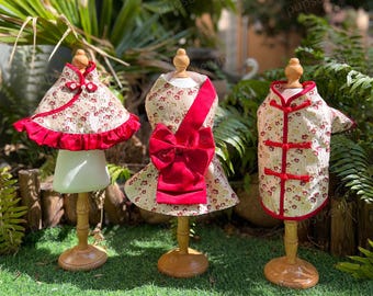 Chinese New Year Pet Cheongsam & Tang Suit, Red Plum Blossom Spring Festival Outfit, Custom Size for Cats and Large Dogs