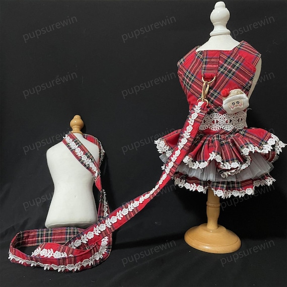 Dog Harness Tutu Dress, Scottish Tartan Red Harness Dress for Dog, Cat Dog Christmas Costume, Scottish Parade Uniform Halloween Pet Clothes