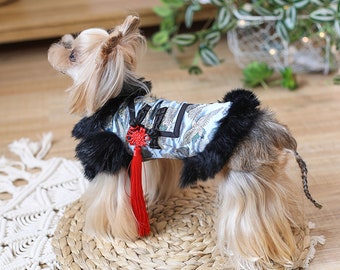 New Year Outfit Greyish Blue Cheongsam Vest for Dogs and Cats, Winter Warm Coat Jacket Qipao for Puppy Large Dogs, Custom Pet Clothes