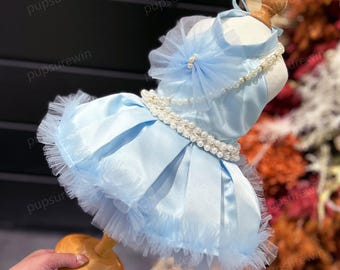 Dog Wedding Dress Fancy Blue Evening Gown, Elegant Princess Costume for Dogs and Cats, Dog Birthday Dress with Pearls, Custom Pets Clothes
