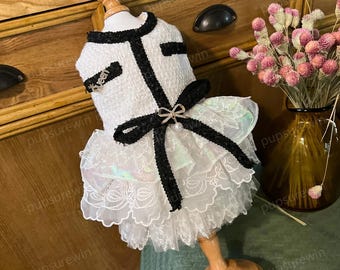 White Tweed Dog Dress Custom Size, Vintage Luxury Princess Costume for Large Dogs and Cats, Wedding Dog Dress Birthday Outfit Pets Clothes