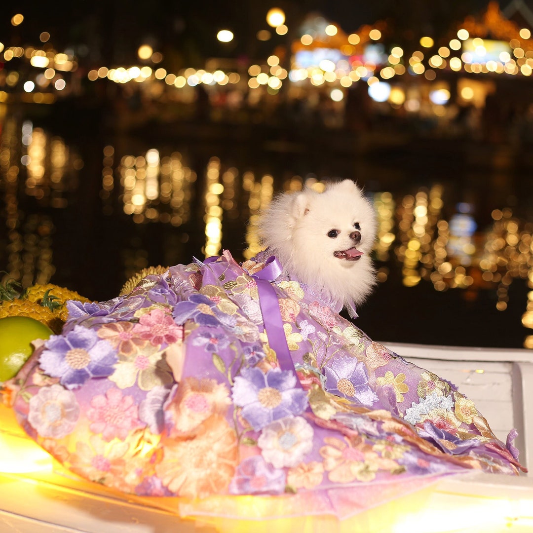Dog 3D Flower Long Trailing Dress, Multi Floral 3D Dress Floor Length