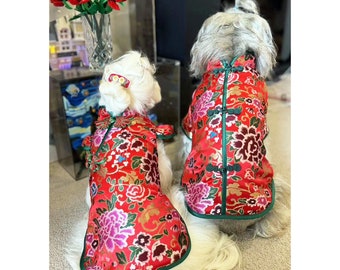 New Year Dog Couple Outfit Chinese Spring Festival Costume Tang Suit and Cheongsam, Custom Red Flower Qipao Dress and Coat for Dogs and Cats