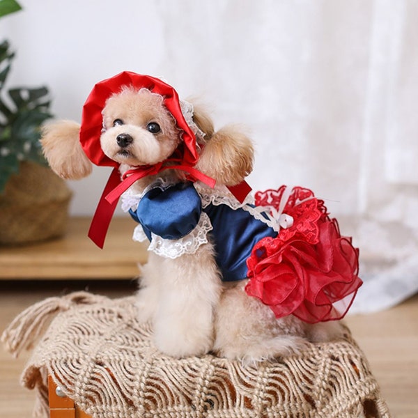 Dog Halloween Costume Inspired from Little Red Riding Hood, Red Tutu Dress with a Hat, Cat Dog Birthday Quinceanera Party Outfit Pet Clothes