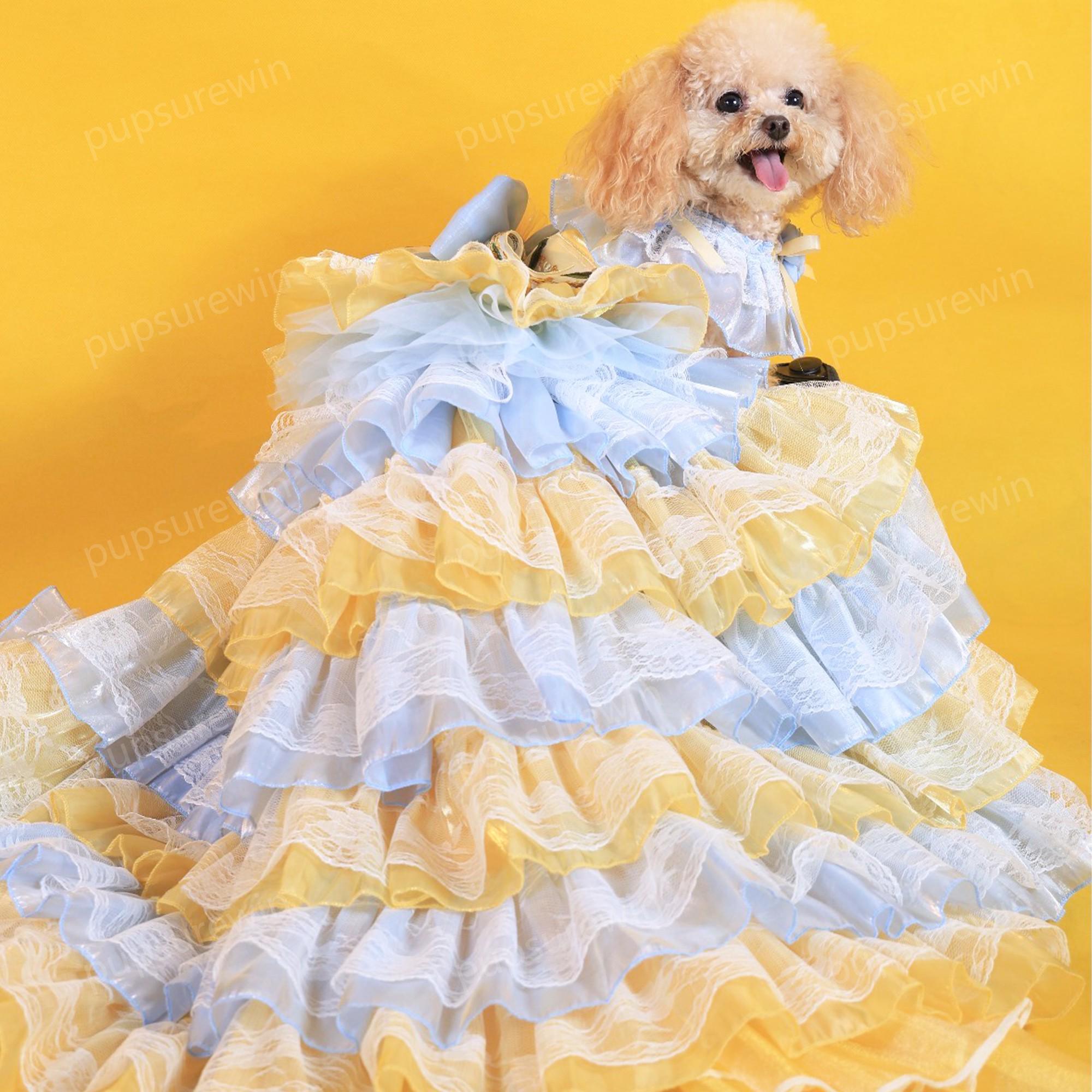 Custom Dog Wedding Dress With Detachable Long Train, Blue-yellow