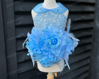 Blue Floral Dog Dress Custom Size, Sparkle Beaded Embroidery Pet Gown for Wedding Birthday Party Pageant