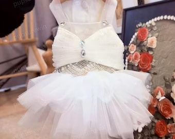 Vestido de novia de lujo para mascotas con cuentas, color blanco, vestido de novia para perros y gatos con diamantes de imitación, talla personalizada.