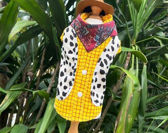 Costume d'Halloween pour animal de compagnie de cow-boy shérif occidental, chapeau de cowboy et bandana rouge à chemise jaune pour chiens, chats, taille personnalisée