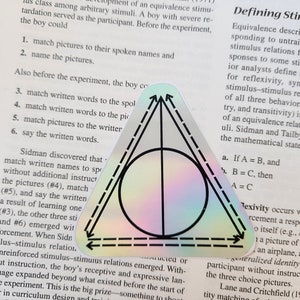 May include: A holographic sticker with a black triangle and circle design. The triangle has two arrows pointing up and two arrows pointing down. The circle is inside the triangle. The sticker has a rainbow iridescent finish.