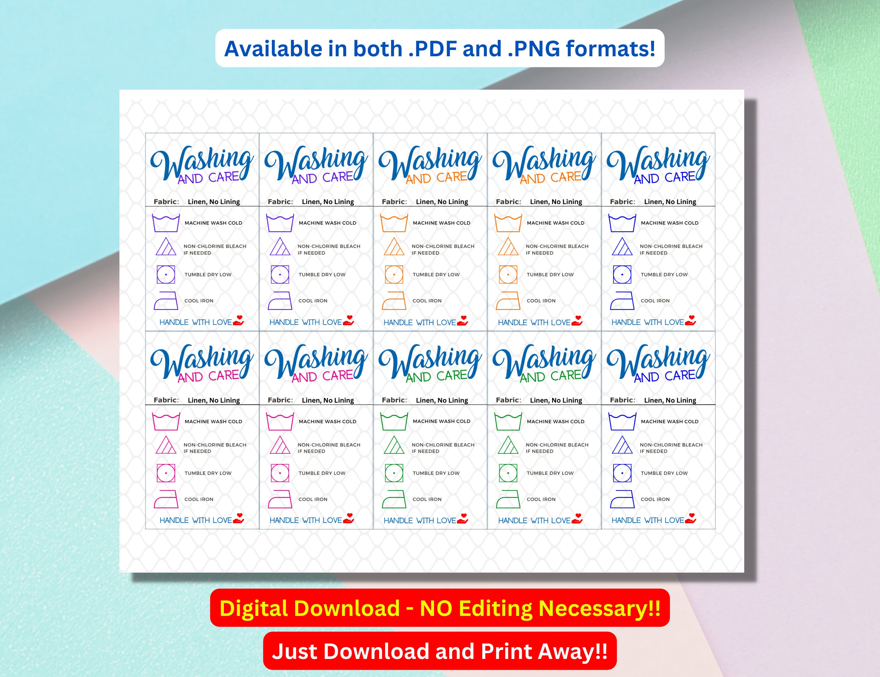 Digital Download, Printable Laundry Care Card PDF, PNG Formats - Etsy