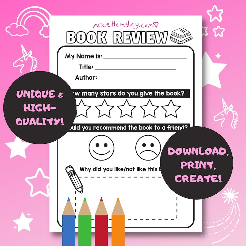 Book Review Kids Printable Sheet, Kids Activity Sheet, Kids Book Review