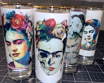 Frida Kahlo Shot Glasses with Gold Rim - Set of 4