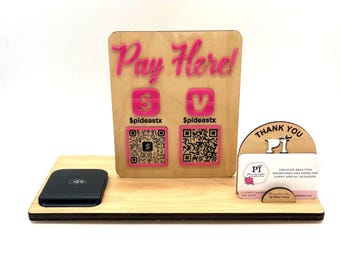 Custom Pay Here Sign | QR Code Payment Display | Business Card Holder | Venmo Cash App Zelle Sign | Small Business Counter Display