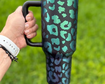 40 oz Leopard print Quencher  Rainbow Plated Tumbler, Laser engraved