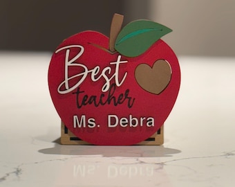 Personalized Teacher Apple Pencil Holder, Maple Wood Desk Decor
