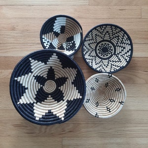 Set of 4 Black, beige & white Rwanda Basket/ Handwoven Basket/ Hanging Wall Basket/ Boho Wall Art/ Fruit Bowls/ Jewelry Storage