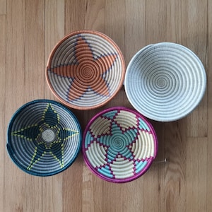 Pink, White, Orange Rwanda Basket/ Storage Basket/ Handwoven Basket/ Hanging Wall Basket/ Boho Wall Art/ Fruit Bowls/ Jewelry Storage