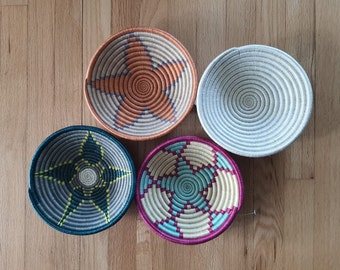 Pink, White, Orange Rwanda Basket/ Storage Basket/ Handwoven Basket/ Hanging Wall Basket/ Boho Wall Art/ Fruit Bowls/ Jewelry Storage