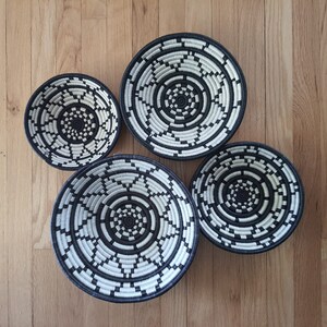 Set of 4 Black & White Rwanda Basket/ Handwoven Basket/ Hanging Wall Basket/ Boho Wall Art/ Fruit Bowls/ Jewelry Storage/ Mom Gift