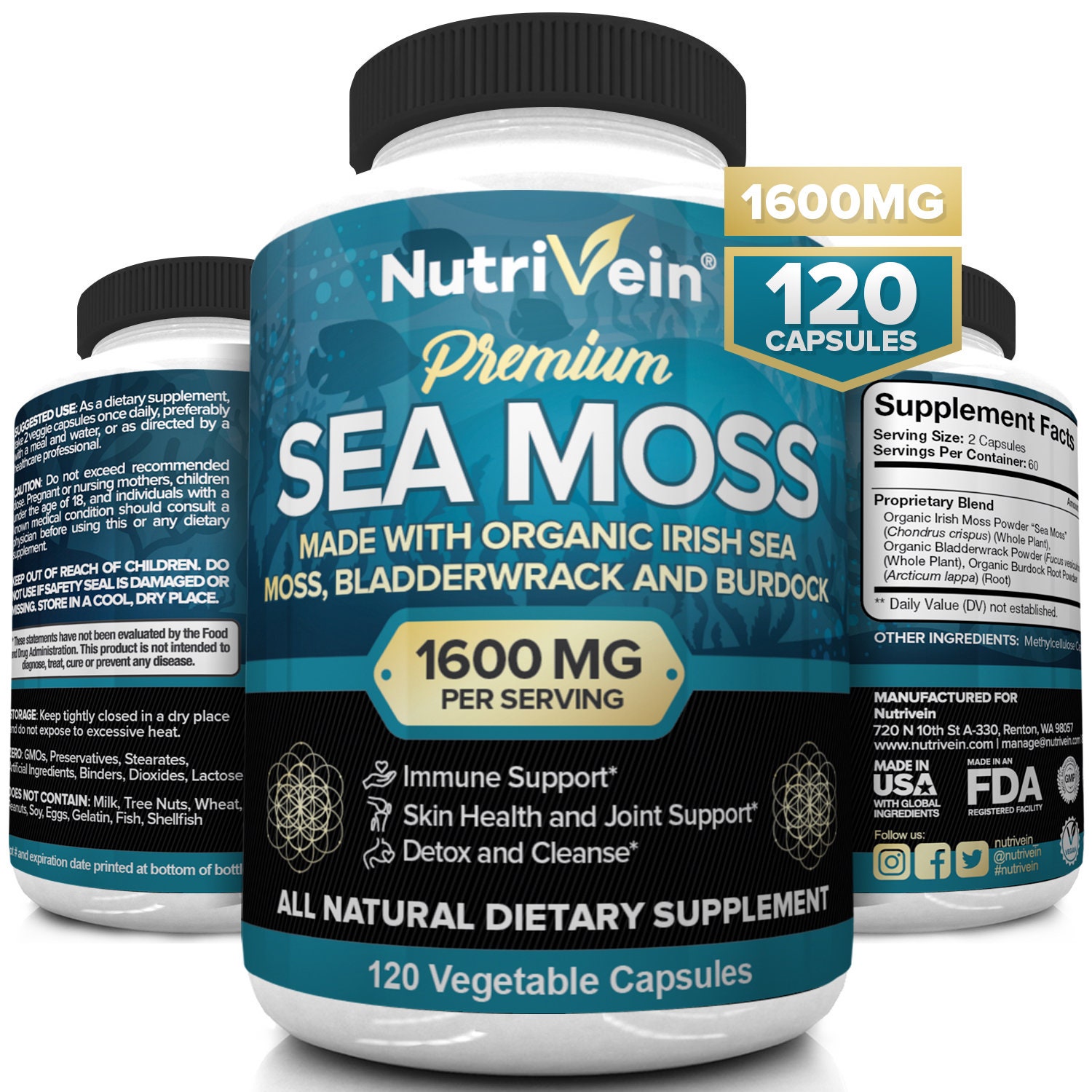 Nutrivein Organic Sea Moss 1600mg plus Bladderwrack & Burdock - Keto,…