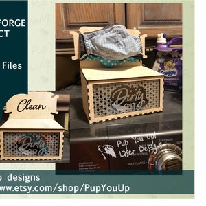 May include: Two wooden boxes with a laser cut design for storing face masks. The boxes are labeled "Clean" and "Dirty". One box has a face mask inside. The boxes are made for a Glowforge project.
